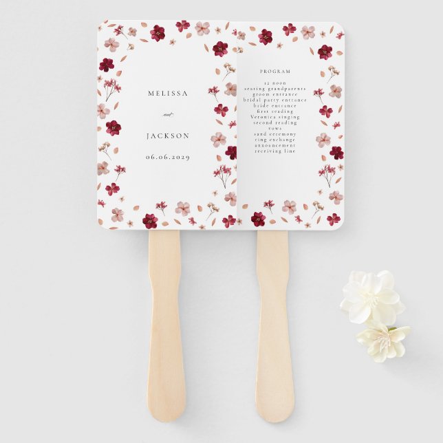 Abanico Programa de Bodas Florales y Rosa Rojo Presionado (Anverso y reverso)