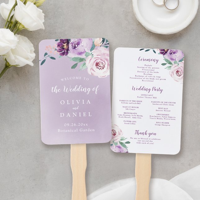 Abanico Programa de bodas florecientes con flores de púrpu (Blooming botanical purple floral wedding program hand fan)