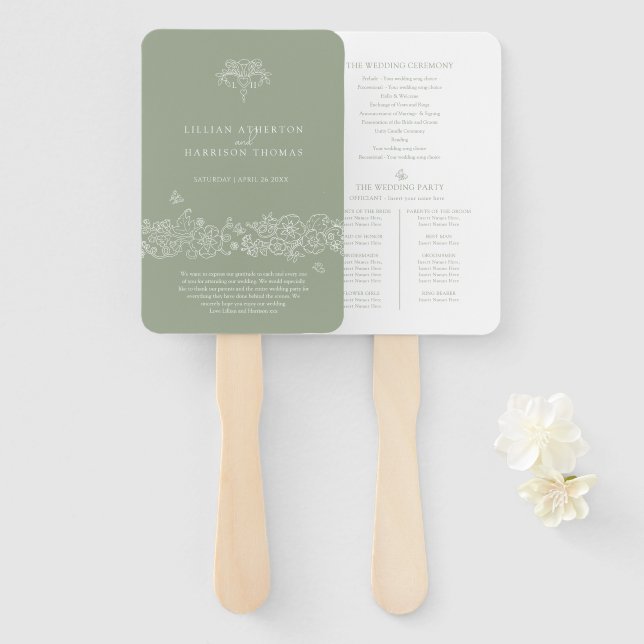 Abanico Programa de bodas Green white fleur de lis gracias (Anverso y reverso)