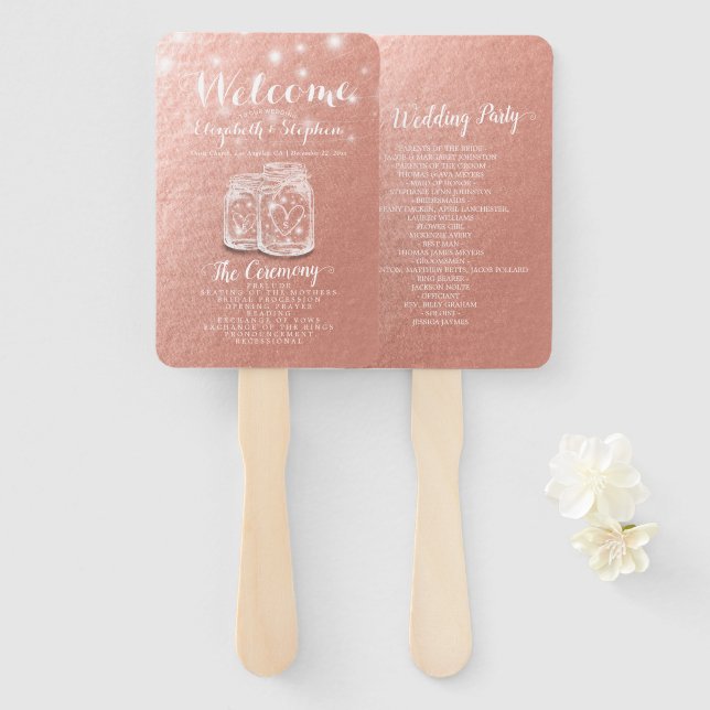 Abanico Programa de bodas Mason Jars String Lights Rosa Go (Anverso y reverso)