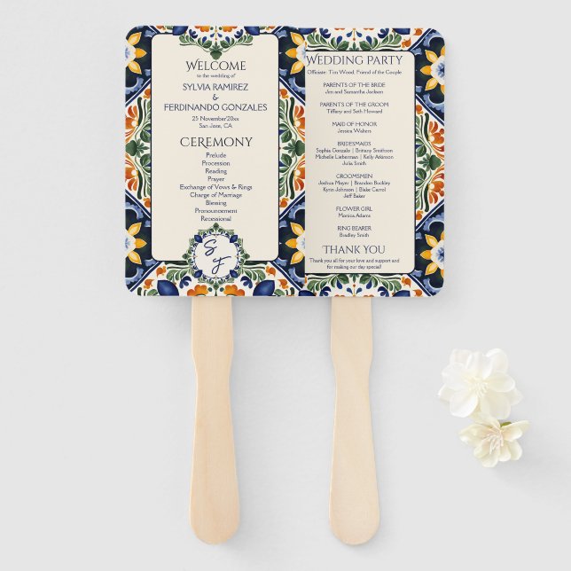 Abanico Programa de bodas mexicano Azulejo blue Talavera (Anverso y reverso)