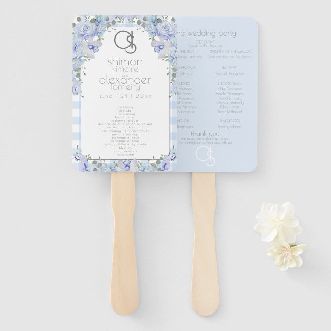 Abanico Programa de bodas | Monograma Blue Gingham Floral (Anverso y reverso)