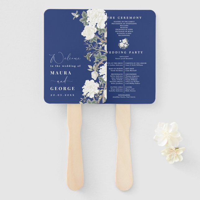 Abanico Programa de bodas Navy Blue Ivory Chinoiserie (Anverso y reverso)