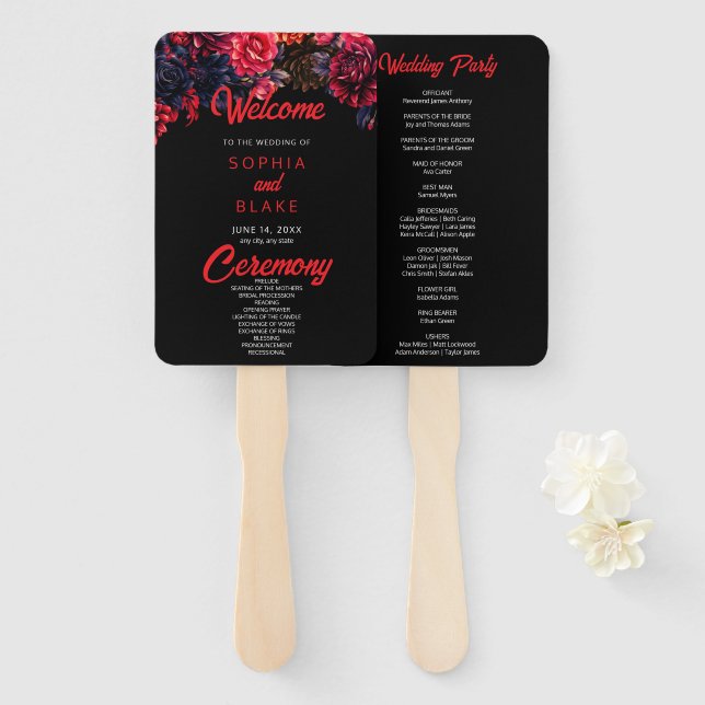 Abanico Programa de Bodas Oscuras Florales Negras y Rojas (Anverso y reverso)