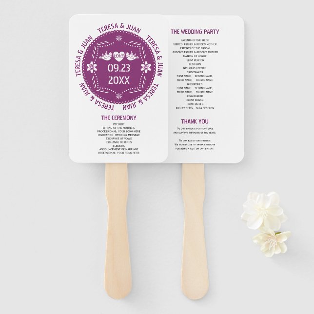 Abanico Programa de bodas púrpura del picado de papel (Anverso y reverso)