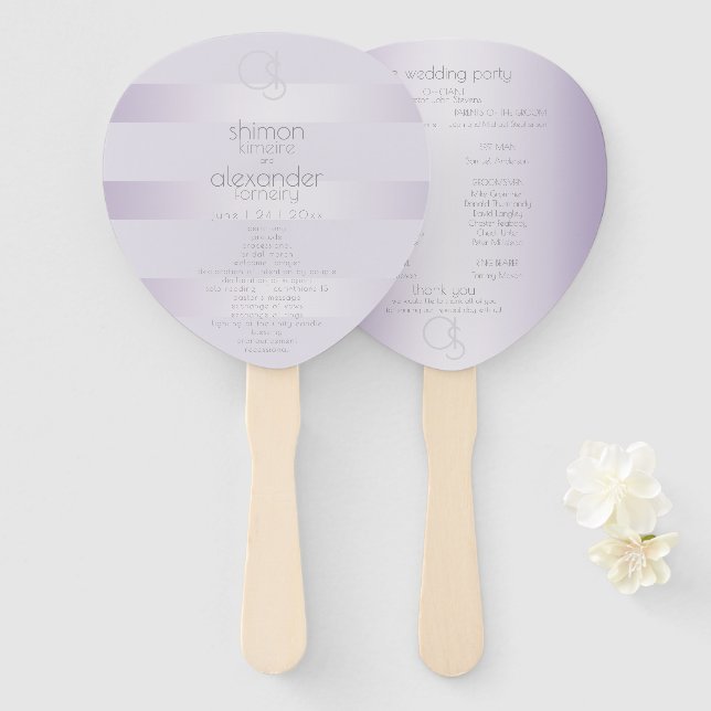Abanico Programa de bodas | Rayas de brillo Lilac Monogram (Anverso y reverso)