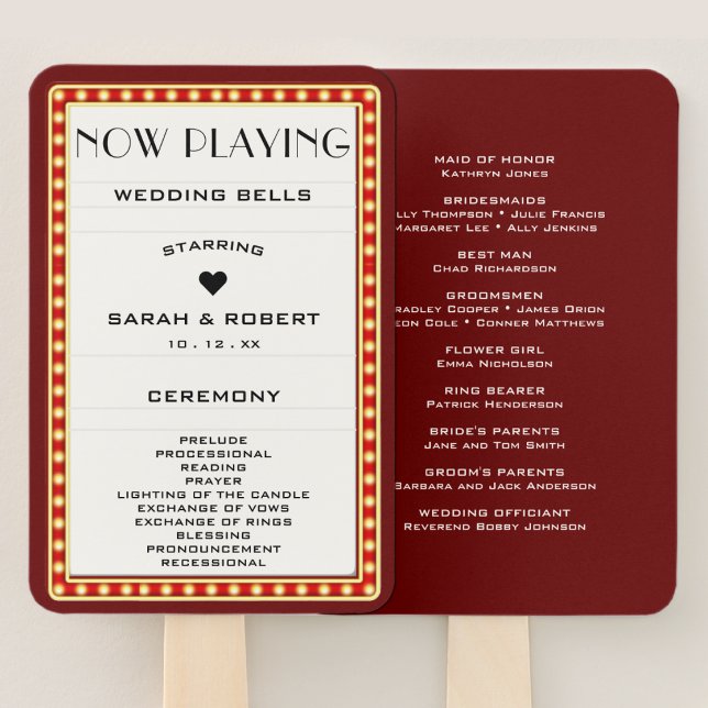 Abanico Programa de Bodas Rojas del Rótulo del Teatro Retr (Retro Cinema Theater Marquee Sign Red Wedding Program Hand Fan)