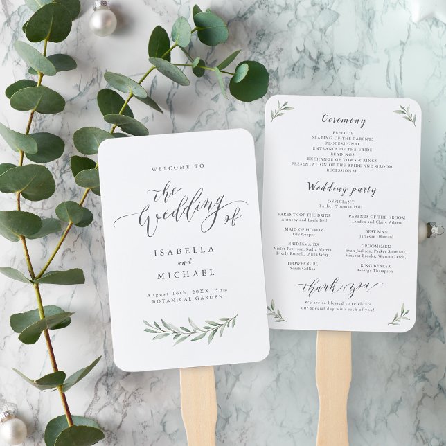 Abanico Programa de bodas rústico de caligrafía simple (Simple calligraphy rustic greenery wedding program hand fan)