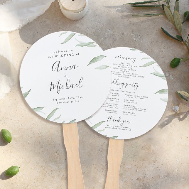 Abanico Programa de bodas rústico mínimo de vegetación (Minimal greenery rustic wedding program hand fan)