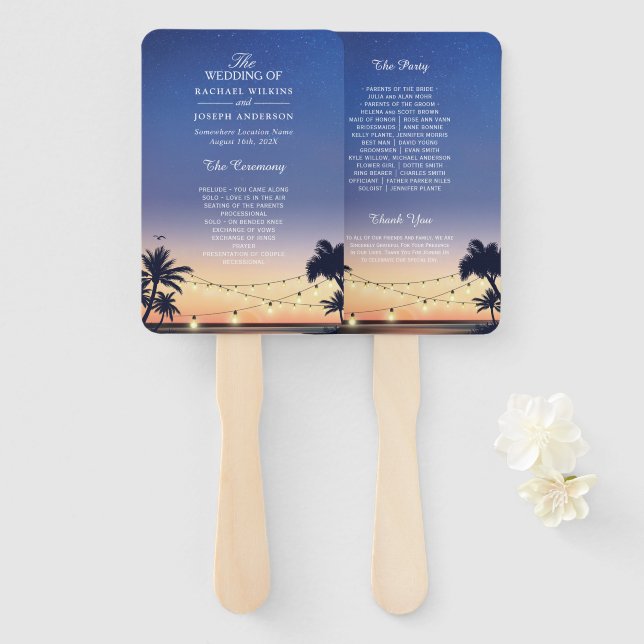 Abanico Programa de bodas Sunset Palm Beach String Lights (Anverso y reverso)