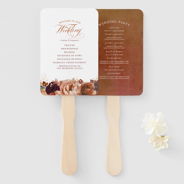 Abanico Programa de Bodas Terracotta Floral Boho (Anverso y reverso)