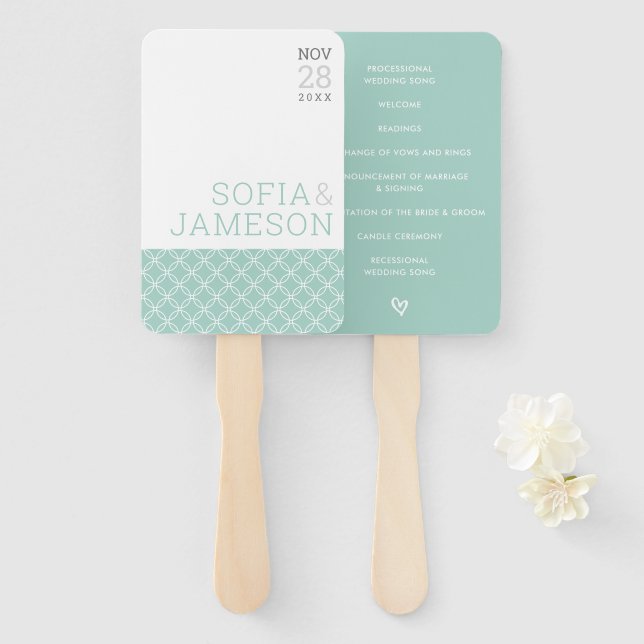 Abanico PROGRAMA DE BODAS tipo moderno simple menta pastel (Anverso y reverso)