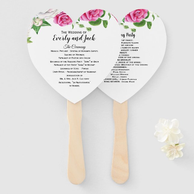 Abanico Programa de bodas Ventilador Floral Roses rosados (Anverso y reverso)