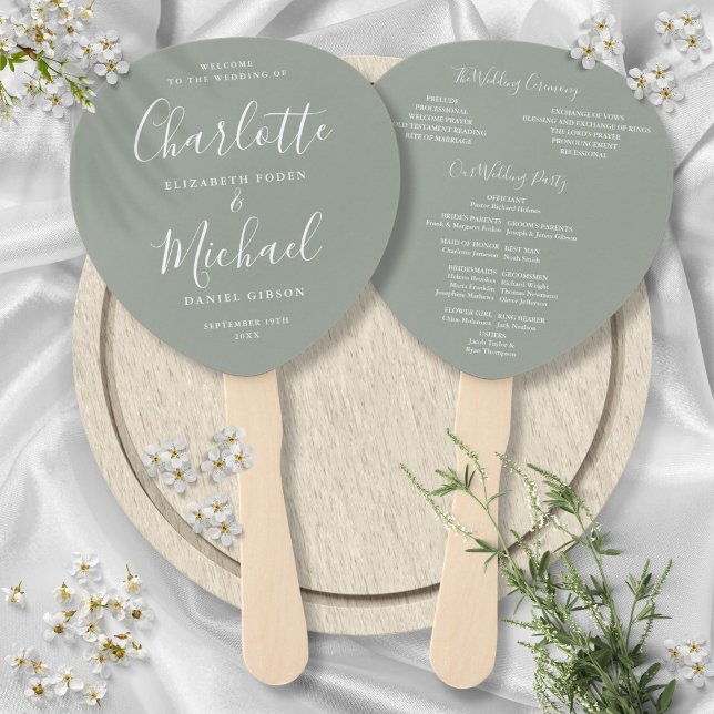 Abanico Programa de bodas verdes de sabios con guión de fi (Signature Script Sage Green Wedding Program Hand Fan)