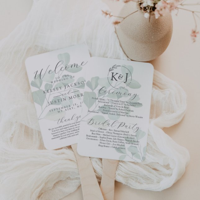 Abanico Programa de bodas verdes Eucalyptus Watercolor (Subido por el creador)
