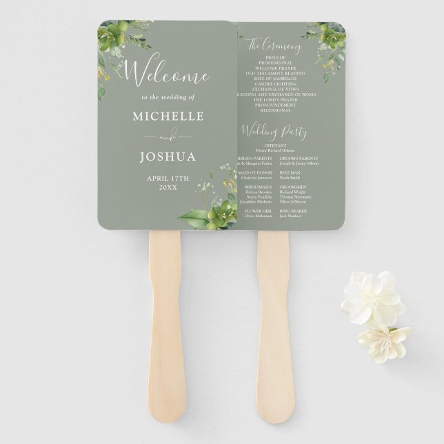 Abanico Programa de Bodas Verdes Floral Elegante (Anverso y reverso)