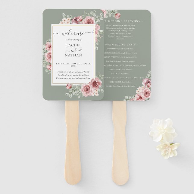 Abanico Programa de Bodas Verdes Sage con Floral Elegante  (Anverso y reverso)