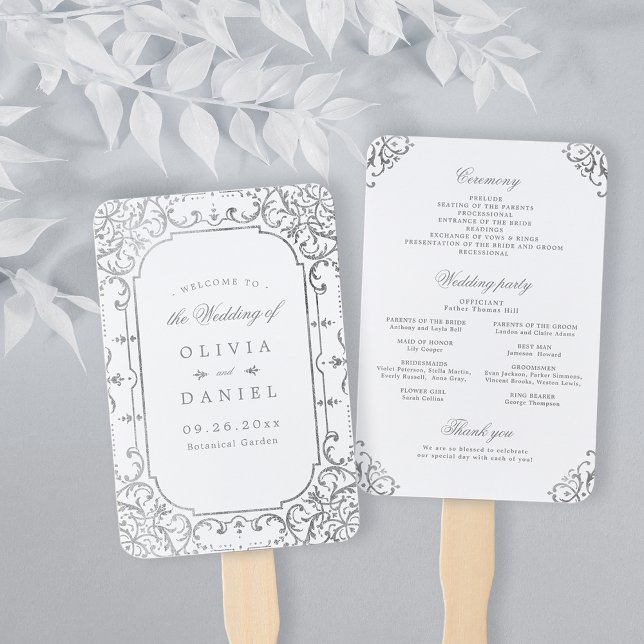 Abanico Programa de bodas vitícola elegante y elegante de  (Silver elegant ornate vintage wedding program hand fan)