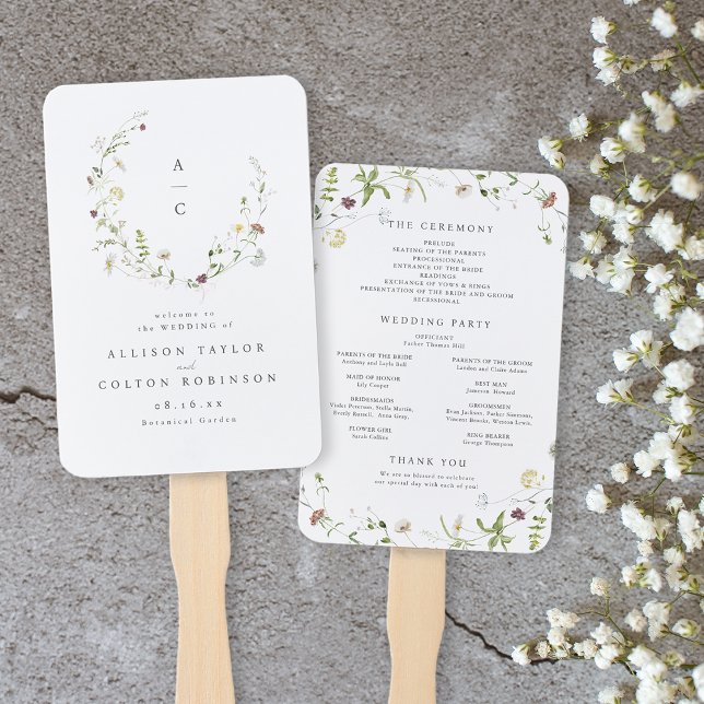 Abanico Programa de Boho Boho Rústico de Flor Silvestre Sa (Elegant Wildflower Rustic Boho Wedding Program Hand Fan)