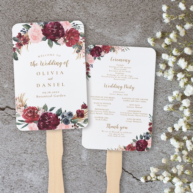 Abanico Programa de boho floral con acuarela de Borgoña (Burgundy watercolor floral boho wedding program hand fan)