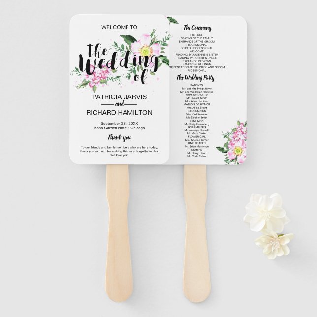 Abanico Programa de Boho Floral de Boda de Roses Rosados (Anverso y reverso)