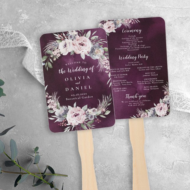 Abanico Programa de boho floral de plumas y polvorientos (Plum & dusty pink boho floral wedding program hand fan)