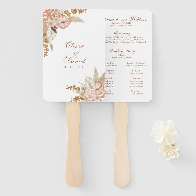 Abanico Programa de Boho Floral Pampas para bodas de hierb (Anverso y reverso)
