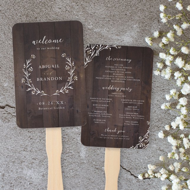 Abanico Programa de Boho Floral Rustic Wood Country Weddin (Rustic Wood Boho Floral Country Wedding program Hand Fan)