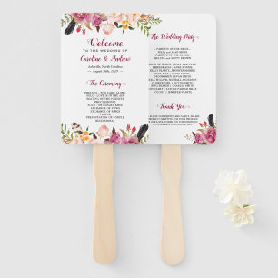 Abanico Programa de Boho Watercolor Floral Feather Wedding