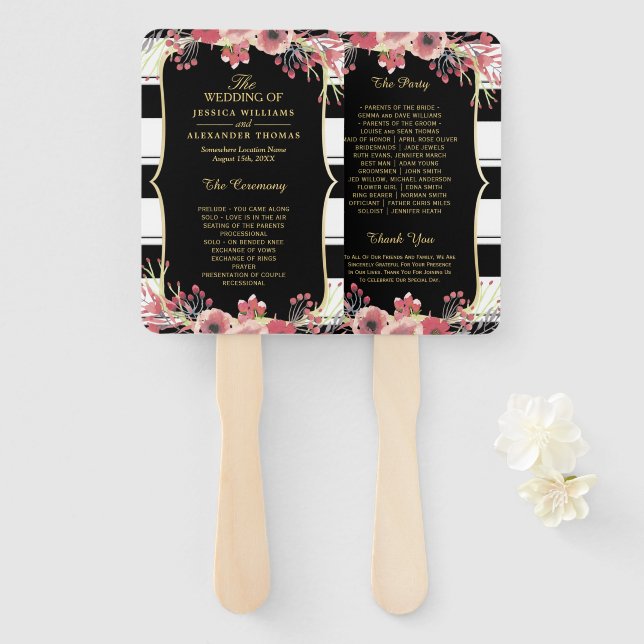 Abanico Programa de casamiento acuático floral de franjas  (Anverso y reverso)