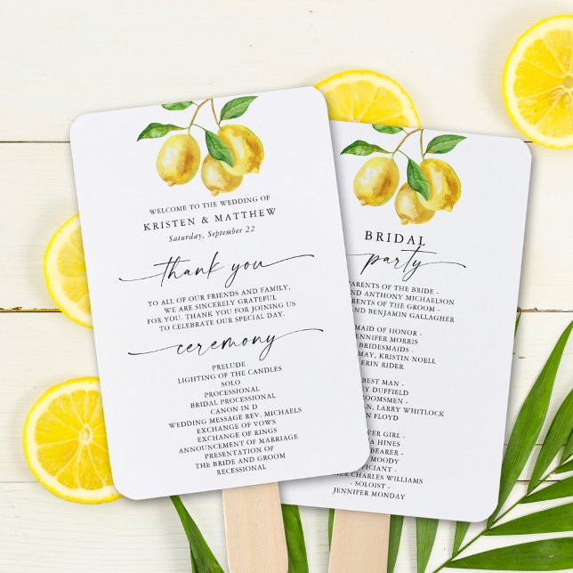 Abanico Programa de casamiento con agua limón (Squeeze the day! Cool off with this lemon-themed wedding program fan.)