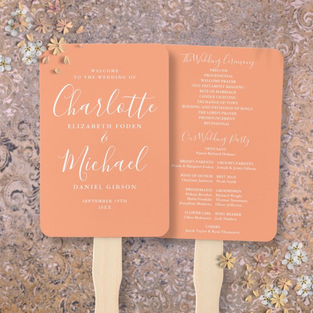 Abanico Programa de casamiento de guiones de firma de lápi (Peach Signature Script Wedding Program Hand Fan)