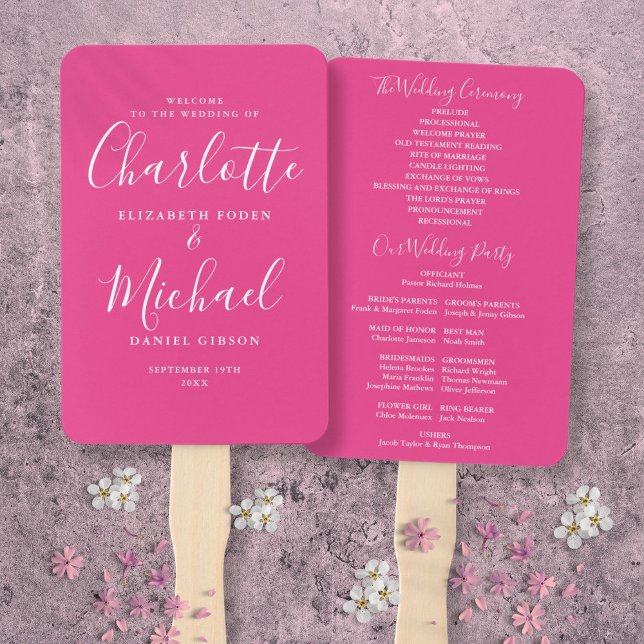 Abanico Programa de casamiento de guiones de firma rosada  (Hot Pink Signature Script Wedding Program Hand Fan)