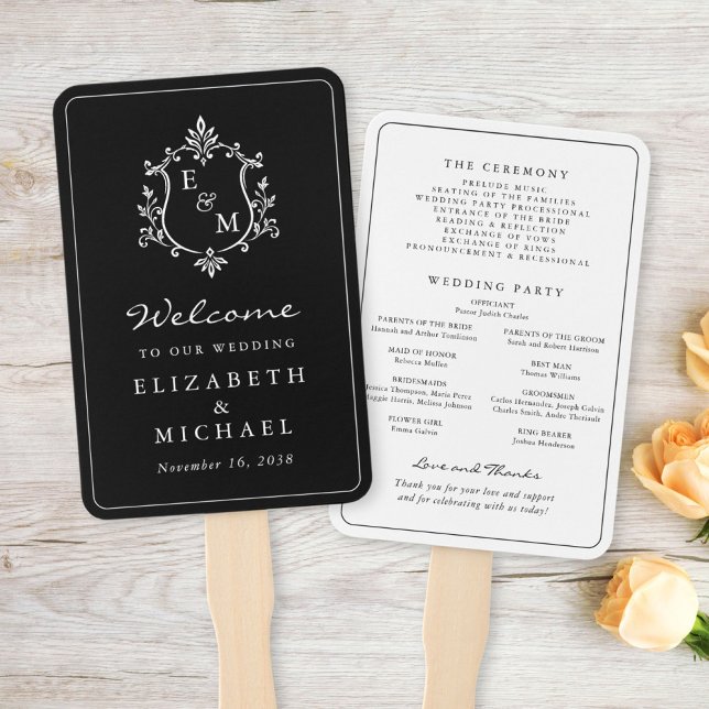 Abanico Programa de Ceremonia de Boda con Cresta de Monogr (Elegant Monogram Crest Wedding Ceremony Program Hand Fan)