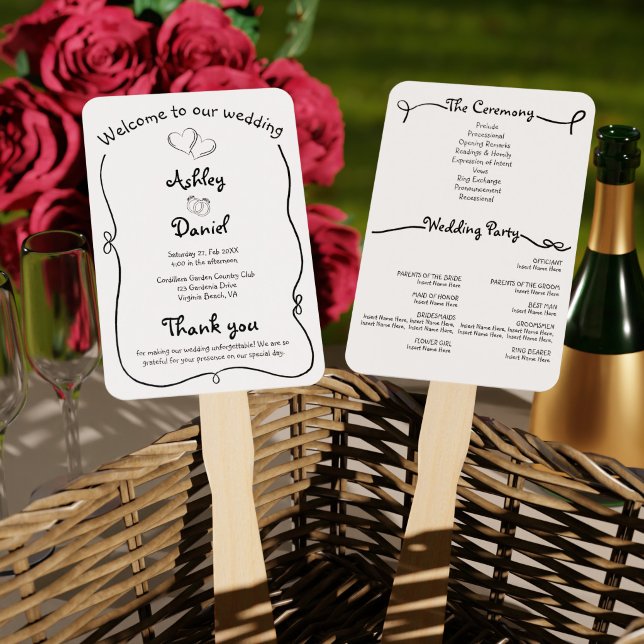 Abanico Programa de Ceremonia de Boda con Doodle en Blanco (Black and White Doodle Wedding Ceremony Program Hand Fan)