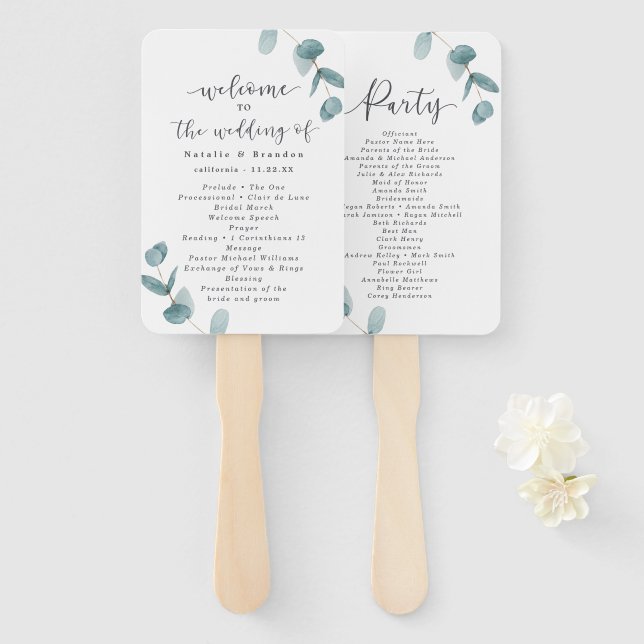 Abanico Programa de Ceremonia de Boda con Eucalipto y Cali (Anverso y reverso)