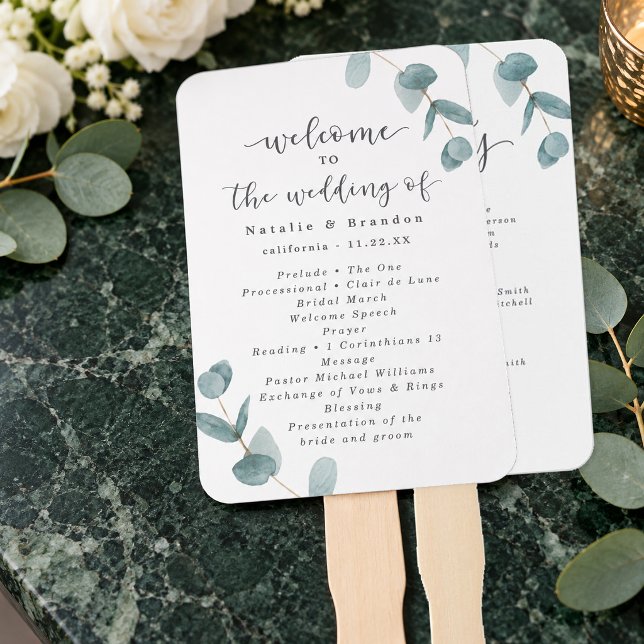 Abanico Programa de Ceremonia de Boda con Eucalipto y Cali (Eucalyptus Wedding Ceremony Program Hand Fan front and back. Styling props not included.)