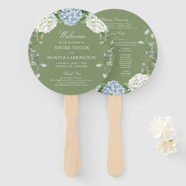 Abanico Programa de Ceremonia de Boda con Hortensia Azul (Anverso y reverso)