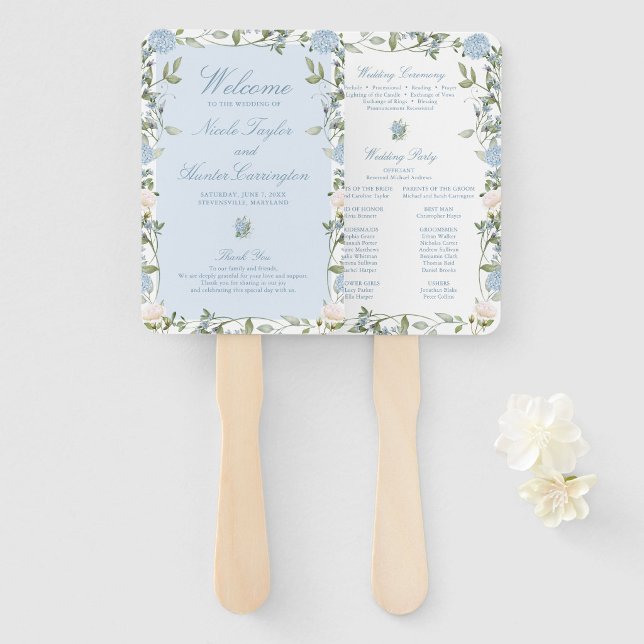 Abanico Programa de Ceremonia de Boda con Hortensias Azule (Subido por el creador)