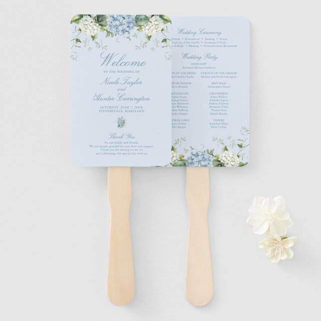 Abanico Programa de Ceremonia de Boda con Hortensias Azule (Anverso y reverso)