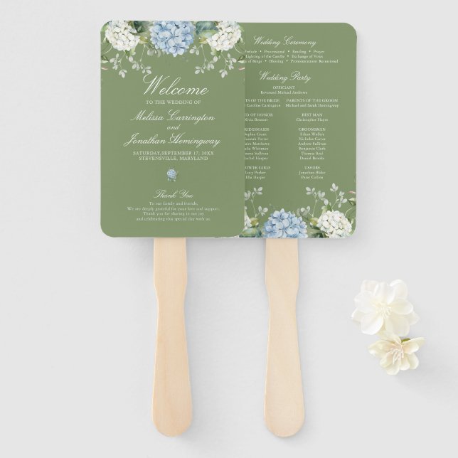 Abanico Programa de Ceremonia de Boda con Hortensias Verde (Anverso y reverso)