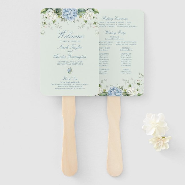 Abanico Programa de Ceremonia de Boda con Hortensias Verde (Anverso y reverso)