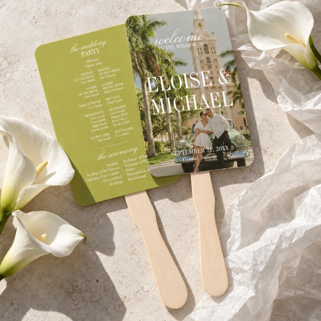 Abanico Programa de Ceremonia de Boda con Letra Script Cha (Modern Chartreuse Script Wedding Ceremony Program Hand Fan)