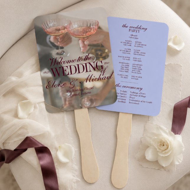 Abanico Programa de Ceremonia de Boda con Letra Script Per (Luxury Periwinkle Script Wedding Ceremony Program Hand Fan)