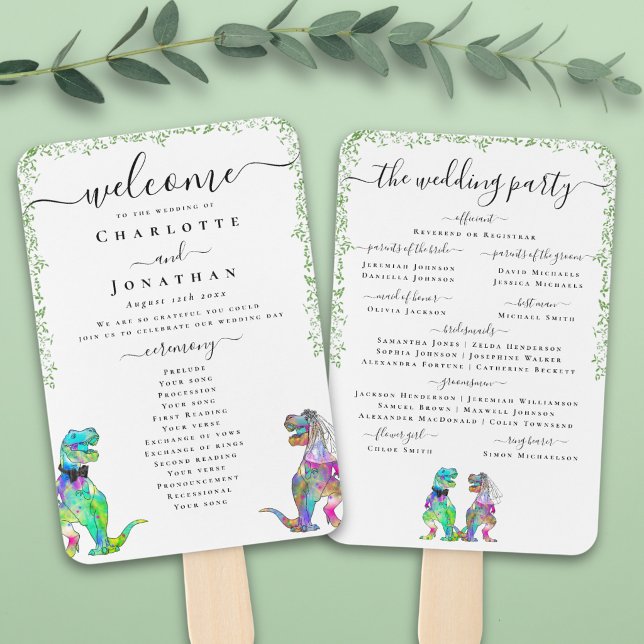 Abanico Programa de Ceremonia de Boda con Tema de Dinosaur (Colorful T-Rex bride and groom funny dinosaur wedding ceremony program fan Watercolor foliage)