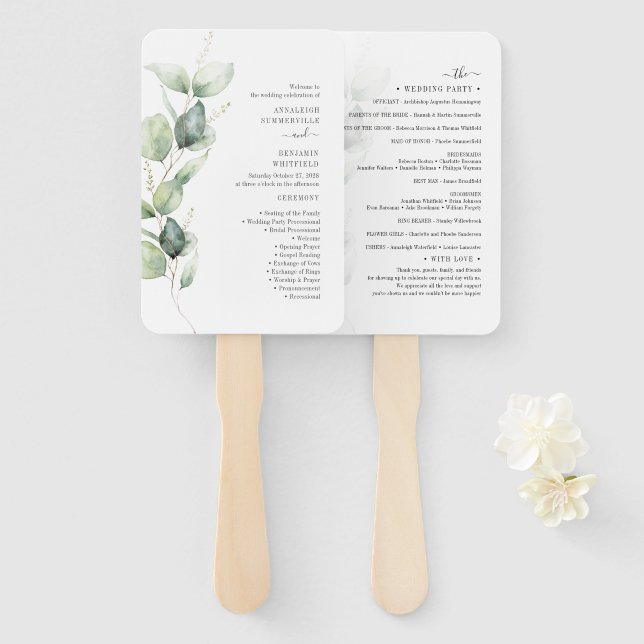 Abanico Programa de Ceremonia de Boda con Verde de Eucalip (Anverso y reverso)
