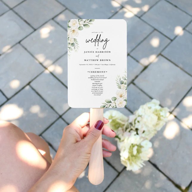Abanico Programa de Ceremonia de Boda con Verde de Eucalip (Boho eucalyptus greenery program fan keeps guests cool while adding fresh personalized wedding charm)
