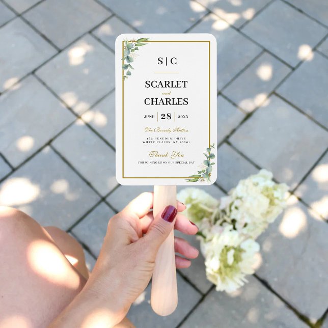 Abanico Programa de Ceremonia de Boda con Verde de Eucalip (Eucalyptus greenery program hand fan keeps guests cool with elegant ceremony style.)