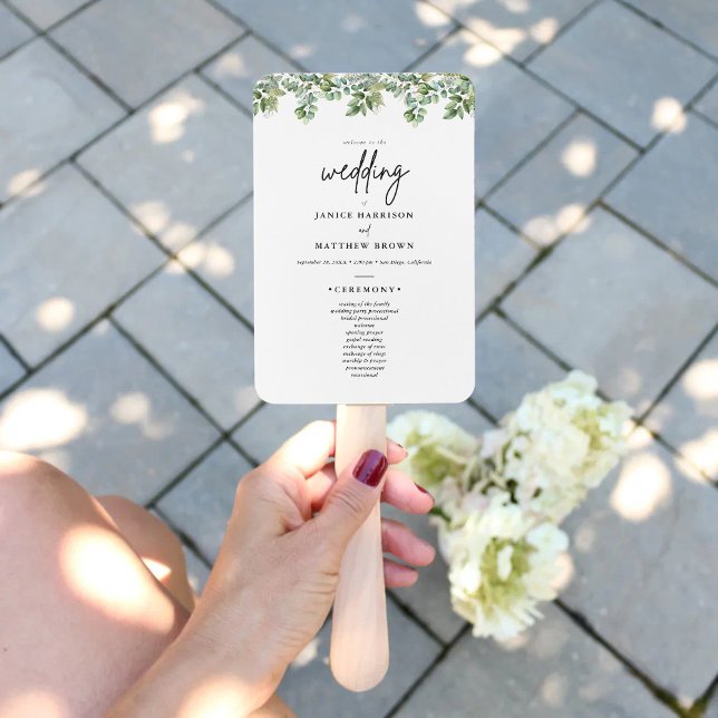 Abanico Programa de Ceremonia de Boda con Verde de Eucalip (Boho eucalyptus greenery program fan keeps guests cool with a fresh natural wedding touch)