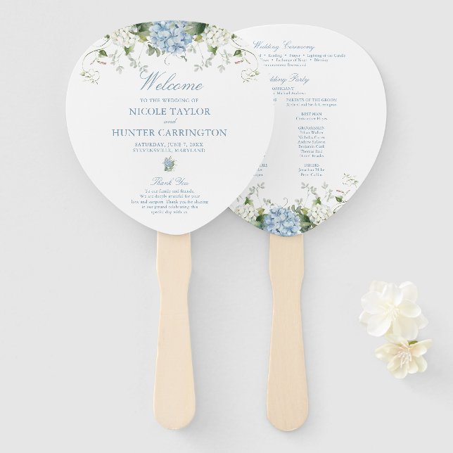 Abanico Programa de Ceremonia de Boda de Hortensia Azul (Anverso y reverso)